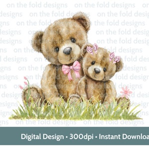 Ours en peluche maman fille Clipart PNG fête des mères Sublimation UV DTF bébé gilet carte personnalisée numérique Transparent aquarelle vinyle Image