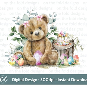 Ostern Teddy Clipart 1st Ostern Aquarell PNG Sofortige digitale Clipart Baby Weste Karte Rosa Mädchen Osterweste Sublimationsdruck UVDTF