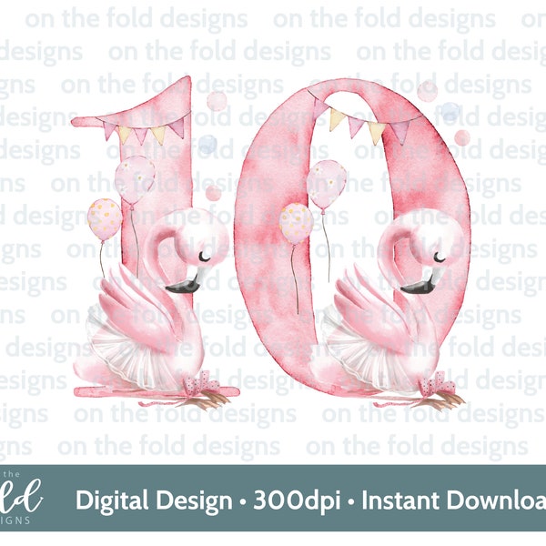 Flamingo, 10th birthday, ten, clipart, png, instant download, sublimation, crafting, girls birthday, card design, pink girly design, number