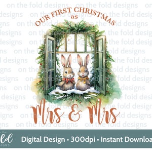 Primeiro Natal casado com a Sra e a Sra coelhinha fofa Lésbica, Gay,LGBTQ, Coelho PNG download instantâneo de clipart digital para toboágua de sublimação