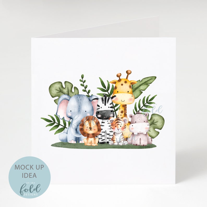 May include: A watercolor illustration of a group of jungle animals, including an elephant, zebra, giraffe, lion, tiger, and hippopotamus. The animals are surrounded by green leaves.