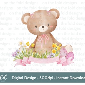 Clipart orsetto di Pasqua, acquerello, PNG, sublimazione, clipart digitale, creazione di biglietti, immagine UV-DTF del gilet per neonati, pigiama di Pasqua, narcisi, tulipani