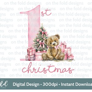 Teddy di Natale, 1° Natale, Baby Pink, download istantaneo di clipart digitale PNG, vestiti per bambini, design di cartoline di Natale, sublimazione, creazione di cartoline
