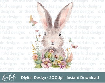 May include: A watercolor illustration of a brown bunny rabbit with pink ears surrounded by pink and white flowers, green leaves, and butterflies. The background is white with the text "on the fold designs" repeated.