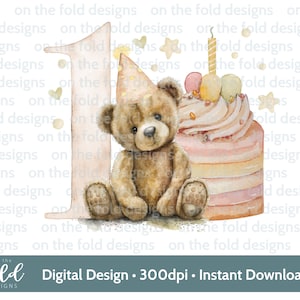 Teddy Bear, neutral birthday cake, png download, transparent background, 1st birthday, first keepsake, sublimation design, digital download,