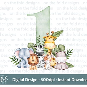 Clipart de primer cumpleaños de safari, animal de la jungla, PNG transparente, descarga instantánea, regalo de cumpleaños, creación de tarjetas, póster de cumpleaños imprimible, invitación