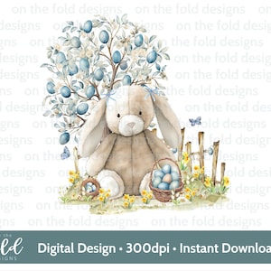 Clipart di orsacchiotto di Pasqua blu Cestino blu Acquerello PNG Sublimazione Clipart digitale Creazione di biglietti Design del gilet per bambini Immagine UV-DTF Pigiama di Pasqua