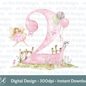 Fée 2e anniversaire Clipart magique violet numéro deux, clipart aquarelle, PNG, impression fille, fond Transparent, sublimation, sticker design