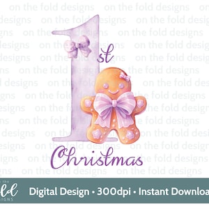 Clipart di pan di zenzero del primo Natale, carino 1° Natale PNG acquerello digitale istantaneo, bambina rosa, design della carta, sublimazione, bastoncino di zucchero