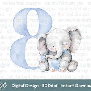 Éléphant 8e anniversaire Clipart noeud papillon garçon bleu sublimation PNG Téléchargement numérique instantané, Tshirt, décoration de gâteau, décoration de fête UV DTF