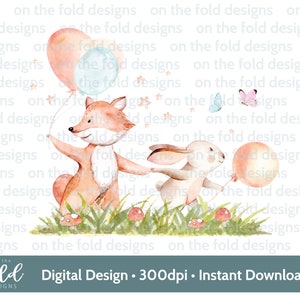 Renard et lapin, téléchargement png, fond transparent, anniversaire, clipart, conception par sublimation, téléchargement numérique, création de cartes UVDTF