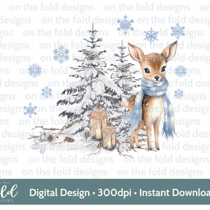 Baby Deer Christmas Clipart, Cute Woodland Xmas PNG, design digital roupas de bebê, design de cartão de Natal, sublimação, cena de inverno azul bebê
