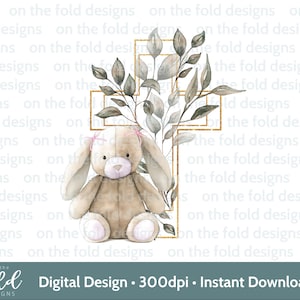 Coniglietto Battesimo Croce Battesimo Giorno del Nome PNG Sublimazione Design Download Istantaneo Sfondo Trasparente Baby Card Vest Ricordo