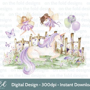 Clipart de unicornio de hada morada, diseño de acuarela lila, PNG, impresión de niña, fondo transparente, sublimación, calcomanía, tarjeta de camiseta de cumpleaños Png