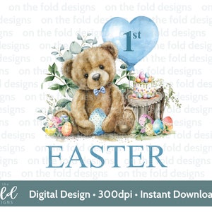 Easter Teddy Clipart 1a Pascua Acuarela PNG Instant Digital Clipart Baby Vest Card Globo Azul Chaleco de Pascua Sublimación Impresión UVDTF