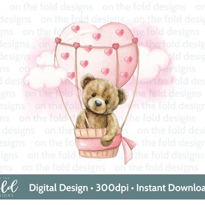 Ursinho de pelúcia Valentine Love Heart Balão de ar quente Clipart PNG Download digital Sublimação DTF Impressão Cartão Fazendo uso pessoal e em pequenas empresas