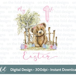 Clipart de Pâques ours en peluche oeufs de Pâques jardin scène aquarelle PNG, carte Clipart numérique DTF Sublimation bébé gilet Design toboggan
