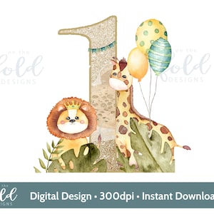 Safari 1st birthday number one png with animal leaf and glitter number design its a transparent clipart image with instant download