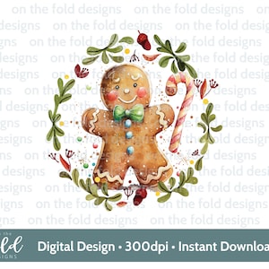 Clipart ghirlanda di pan di zenzero di Natale, carino 1° Natale PNG acquerello digitale istantaneo, vestiti per bambini, design di biglietti, sublimazione, bastoncino di zucchero