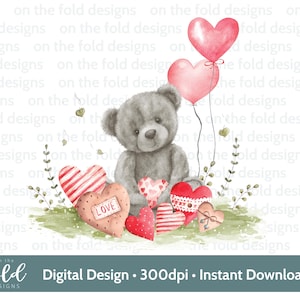 Orsetto grigio San Valentino Cuore Giardino Clipart PNG Download digitale istantaneo DTF Sublimazione Carta Artigianato Gilet per bambini Immagine Carta di San Valentino