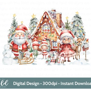 Weihnachten Santa Clipart Elfen, Weihnachtsmann Sublimation Nordpol PNG Niedliche Winterszene, Kissenbezug PJ Pullover T-Shirt Design Xmas Jpeg