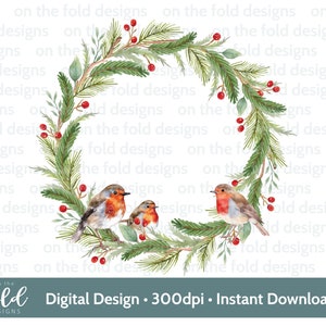 Couronne de Noël rouge-gorge souvenir aquarelle PNG Téléchargement instantané de cliparts numériques pour sublimation toboggan aquatique création d'autocollants DTG DTF
