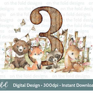 Dritte Geburtstag Waldtier png Clipart transparent, Dritte Party, Aquarell Andenken, Sublimationsdesign, digitales Bild, Kartenbasteln