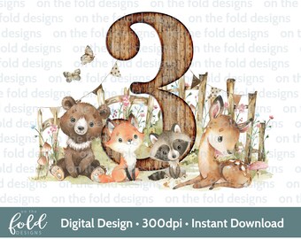 Third Birthday Woodland Animals Clipart, Watercolor Keepsake (Digital Download)