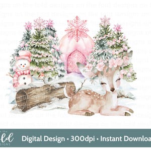 Könnte beinhalten: Eine Aquarell-Illustration eines Rehs mit einer rosa Blütenkrone, das in einer verschneiten Waldszene schläft. Das Reh ist umgeben von rosa und weißen Bäumen und einem Schneemann mit einem roten Schal.