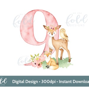Floresta, design de 9º aniversário de animal da floresta, veado, coruja, raposa design de sublimação de composição floral download digital instantâneo PNG