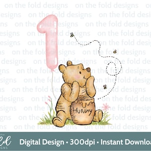 Winnie l'ourson classique, 1er anniversaire, un, clipart bébé des bois, fleurs sauvages, clipart transparent, impression par sublimation, graphique aquarelle