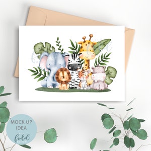 May include: A watercolor illustration of a group of jungle animals, including an elephant, zebra, giraffe, lion, tiger, and hippopotamus. The animals are surrounded by green leaves.