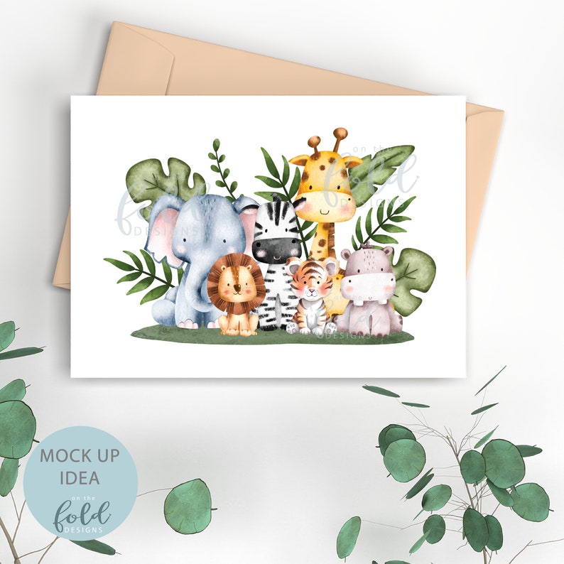 May include: A watercolor illustration of a group of jungle animals, including an elephant, zebra, giraffe, lion, tiger, and hippopotamus. The animals are surrounded by green leaves.