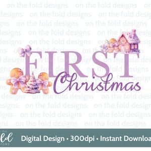 Clipart del primo pan di zenzero di Natale, carino primo Natale PNG acquerello digitale istantaneo, viola per bambini, design della carta, sublimazione, bastoncino di zucchero