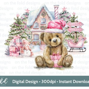 Nounours de Noël, scène d'hiver 1er Noël, rose layette, téléchargement clipart numérique instantané PNG, vêtements pour bébé, conception de cartes, sublimation, fabrication de cartes