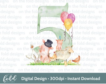 5th Birthday Farm Animal Clipart PNG Sublimation Farmyard Fun Birthday Printable Designs Transparent instant download card making UVDTF DTG