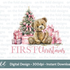 Nounours de Noël, 1er Noël, rose layette, téléchargement clipart numérique instantané PNG, vêtements pour bébé, conception de cartes de Noël, sublimation, fabrication de cartes