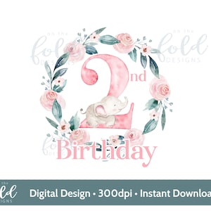 Pink Elephant Flower 2nd cumpleaños corona diseño de sublimación PNG descarga digital instantánea fondo transparente, elaboración de uso para pequeñas empresas