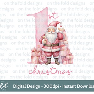 1st Christmas Pink Clipart Weihnachtsmann Santa & Geschenke Weihnachten PNG sofortiger download Sublimationskarte Design Kugel Druck PJ Aquarell