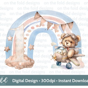1er anniversaire nounours arc-en-ciel, avion PNG, conception de clipart transparent, anniversaire, impression par sublimation, fabrication de cartes, téléchargement immédiat, un PNG