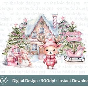 Winter Wonderland Pink Reindeer and Snowman Christmas Clipart Woodland Scene Xmas PNG sublimazione card design gingillo stampa pj acquerello
