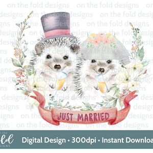 Hérissons, mariage, juste mariés, sublimation de fond transparent de téléchargement immédiat, création de cartes, gobelets, art mural de toboggans aquatiques