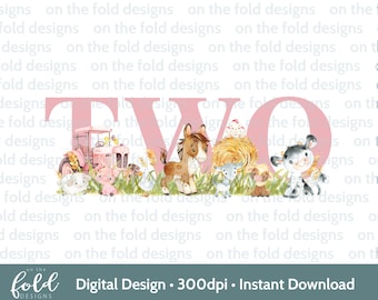Pink Farm Yard Animals PNG Clipart 2nd Birthday Tshirt Card Design DTF DTG Sublimation Print Instant Download Girl One Invites Sticker