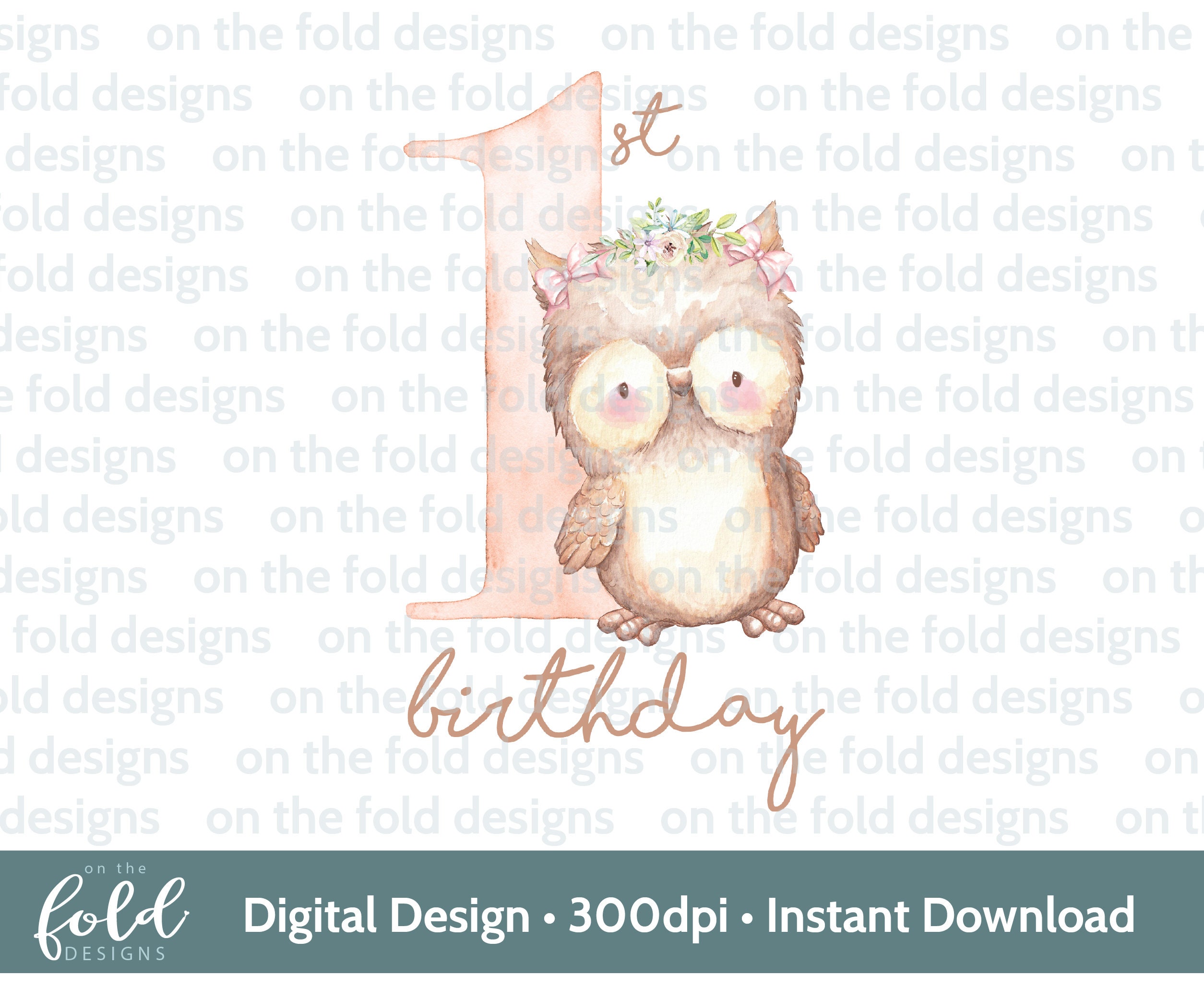 Owl 1st birthday clipart design, pink girly png Floral composition sublimation design PNG instant di