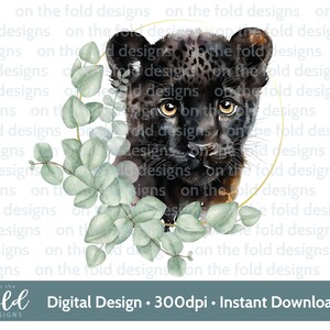 Panther, Safari, Eukalyptus-Kranz, neue Baby Clipart, Babyparty PNG, sofortiger Download, transparenter Hintergrund, Sublimation, Abziehbild-Design
