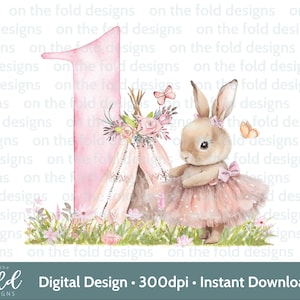 1° compleanno coniglio ballerina uno clipart PNG tepee download immediato per sublimazione lavorazione UVDTF stampa carte, gilet per bambini, bavaglini, inviti
