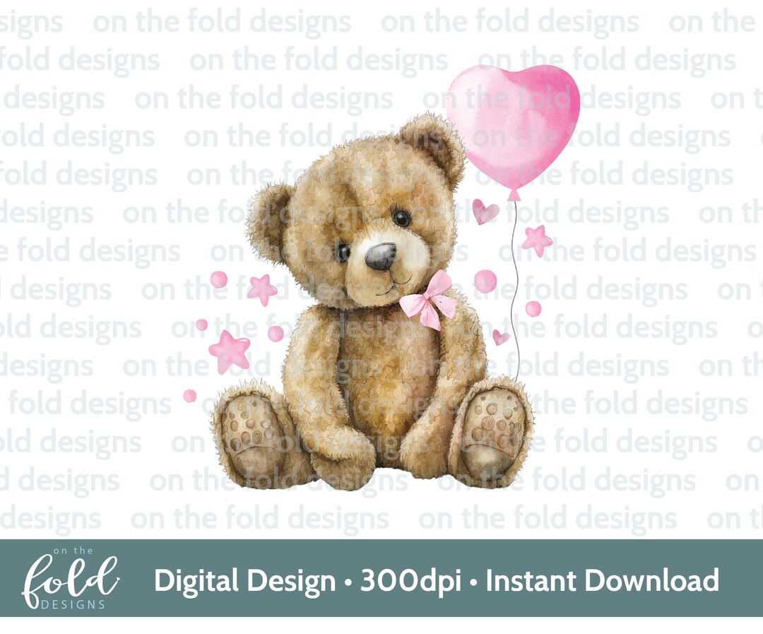 Teddy Bear, Pink Balloon Clipart Birthday, UVDTF Sublimation PNG ...