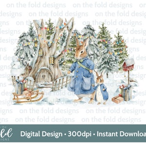 Animaux de la forêt de Noël lapin lapin, sublimation des cliparts numérique png, scène d'hiver mignonne, pyjama de taie d'oreiller, conception de t-shirt pull Noël Jpeg