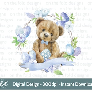 Couronne de cliparts nounours Pâques aquarelle de Pâques PNG numérique instantané bleu gilet bébé carte ballon rose gilet de Pâques impression par sublimation UVDTF
