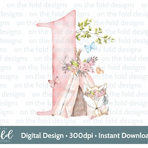 Boho Fuchs, 1st Geburtstag, Zahl 1, Mädchen, Clipart, Sublimation, PNG. Sofortiger digitaler Download, Kinderzimmer Wandkunst, Wasserrutsche, Aufkleber drucken